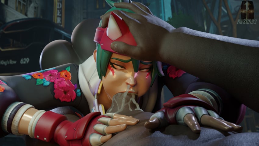 3d angry_dragon blowjob blowjob_face cum_in_mouth cumming cumshot excessive_cum kiriko_(overwatch) mind_break overwatch overwatch_2 pov raz0r33 video_game_character