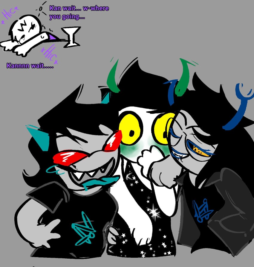 4girls alien alien_humanoid before_sex black_hair black_hair_female blush cheating clothed clothed_female colored_skin cuck cucking cuckold dialogue fangs female female_focus female_only grey_skin grey_skin homestuck homestuck_troll horn horns humanoid humanoid_alien kanaya_maryam long_hair long_hair_female netorare ntr rose_lalonde terezi_pyrope text tongue_out troll vampire vriska_serket