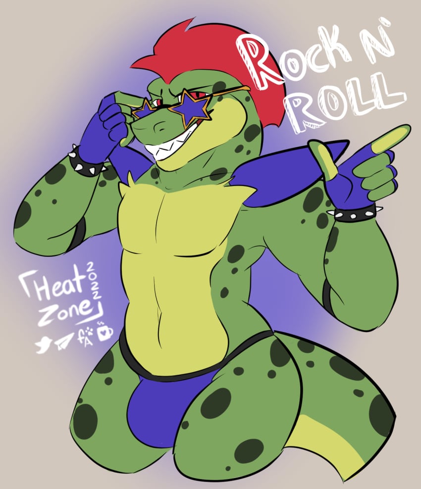 1boy 1male adult_male alligator anthro anthro_male anthro_only bulge bulge_through_clothing clothing crocodile crocodilian digital_art digital_media_(artwork) fingerless_gloves five_nights_at_freddy's five_nights_at_freddy's:_security_breach fnaf furry furry_male furry_only gator gray_background green_scales green_skin grey_background hair half_body halfbody heat heatzone male male_focus male_only males_only malesolo mohawk mohawk_(hairstyle) montgomery_gator montgomery_gator_(fnaf) multicolored_body no_humans one plain_background pointing red_eyes red_hair reptile reptilian scales scalie scalie_male scalie_only scottgames semi-clothed sharp_teeth shoulder_pads simple_background smile smiling solo solo_furry solo_male spiked_bracelet suggestive text underwear white_teeth yellow_belly yiff