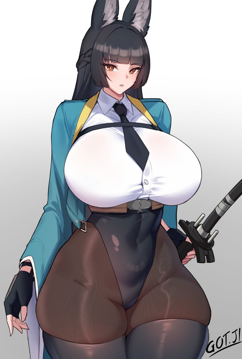 absurdres animal_ear_fluff animal_ears ass big_ass big_breasts big_thighs black_gloves black_hair black_necktie blunt_bangs blush bottomless breasts breasts_out commission cowboy_shot dress_shirt female fox_ears fox_girl gigantic_ass gigantic_breasts gigantic_thighs gloves gojich1 green_jacket highres hoshimi_miyabi huge_ass huge_breasts huge_thighs jacket large_breasts long_hair looking_at_viewer necktie parted_lips red_eyes shirt sidelocks simple_background solo thick_hips thick_thighs thighs white_background white_shirt zenless_zone_zero