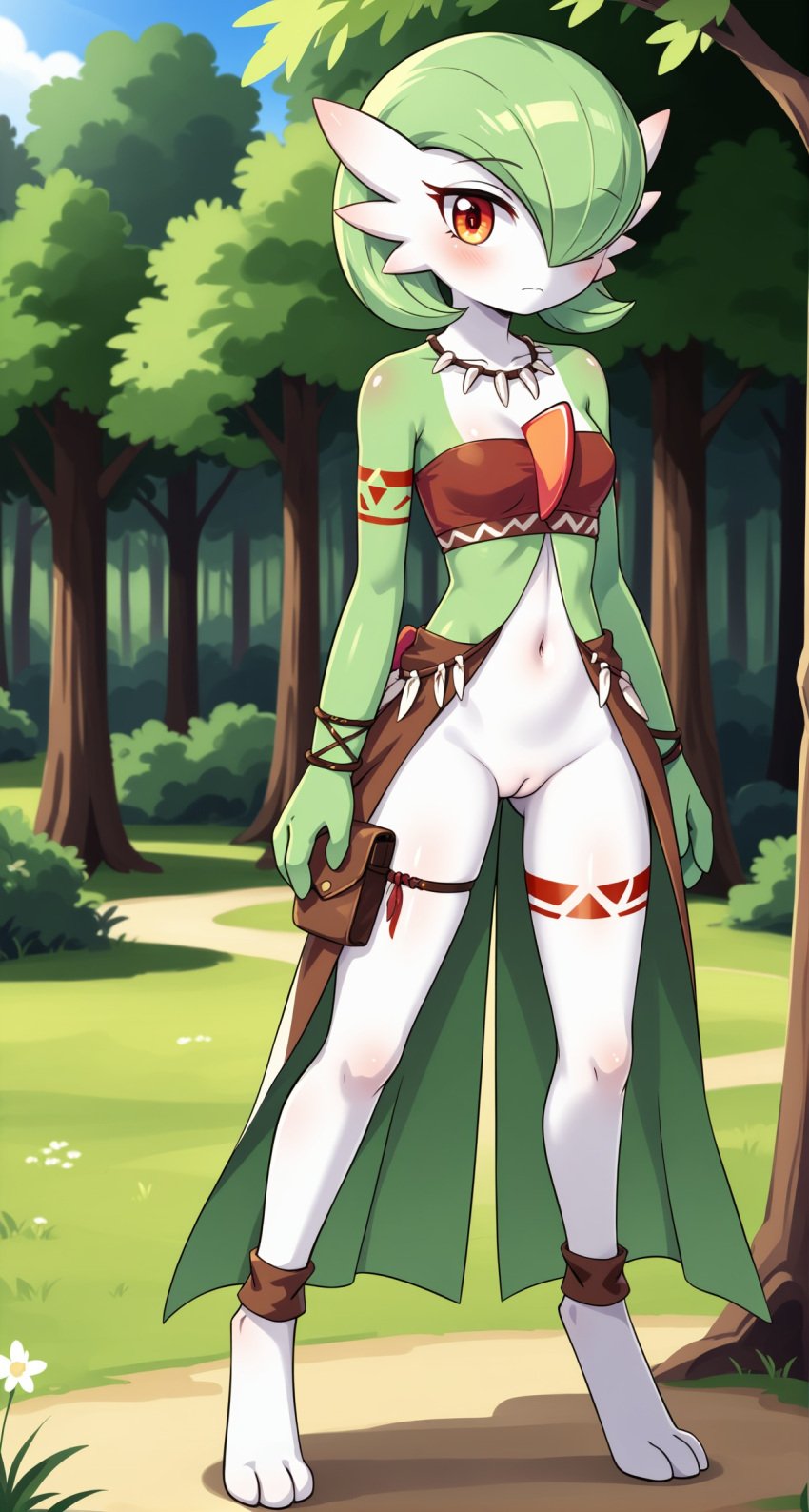 1girls 2024 ai_generated amber_eyes anthro blushing confusion curvy_figure digitigrade female female_only gardevoir generation_3_pokemon green_body hi_res innie_pussy looking_at_viewer necklace nintendo outdoors pokemon pokemon_(species) pussy tribal white_body