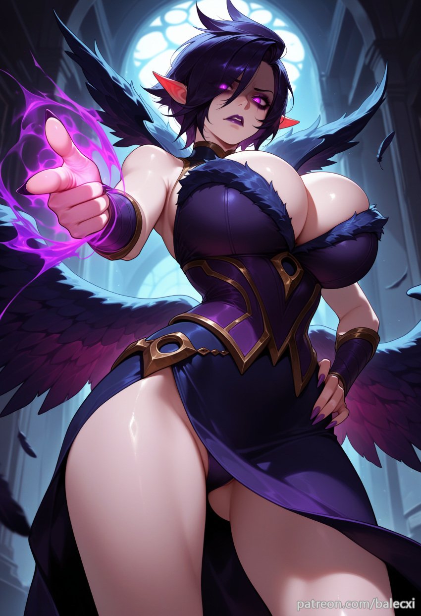 ai_generated balecxi bare_shoulders cleavage dress feathered_wings female fingernails glowing glowing_eyes hand_on_own_hip huge_breasts league_of_legends looking_at_viewer morgana parted_lips pointing pointing_at_viewer pointy_ears purple_eyes purple_nails purple_panties short_hair solo thighs underwear