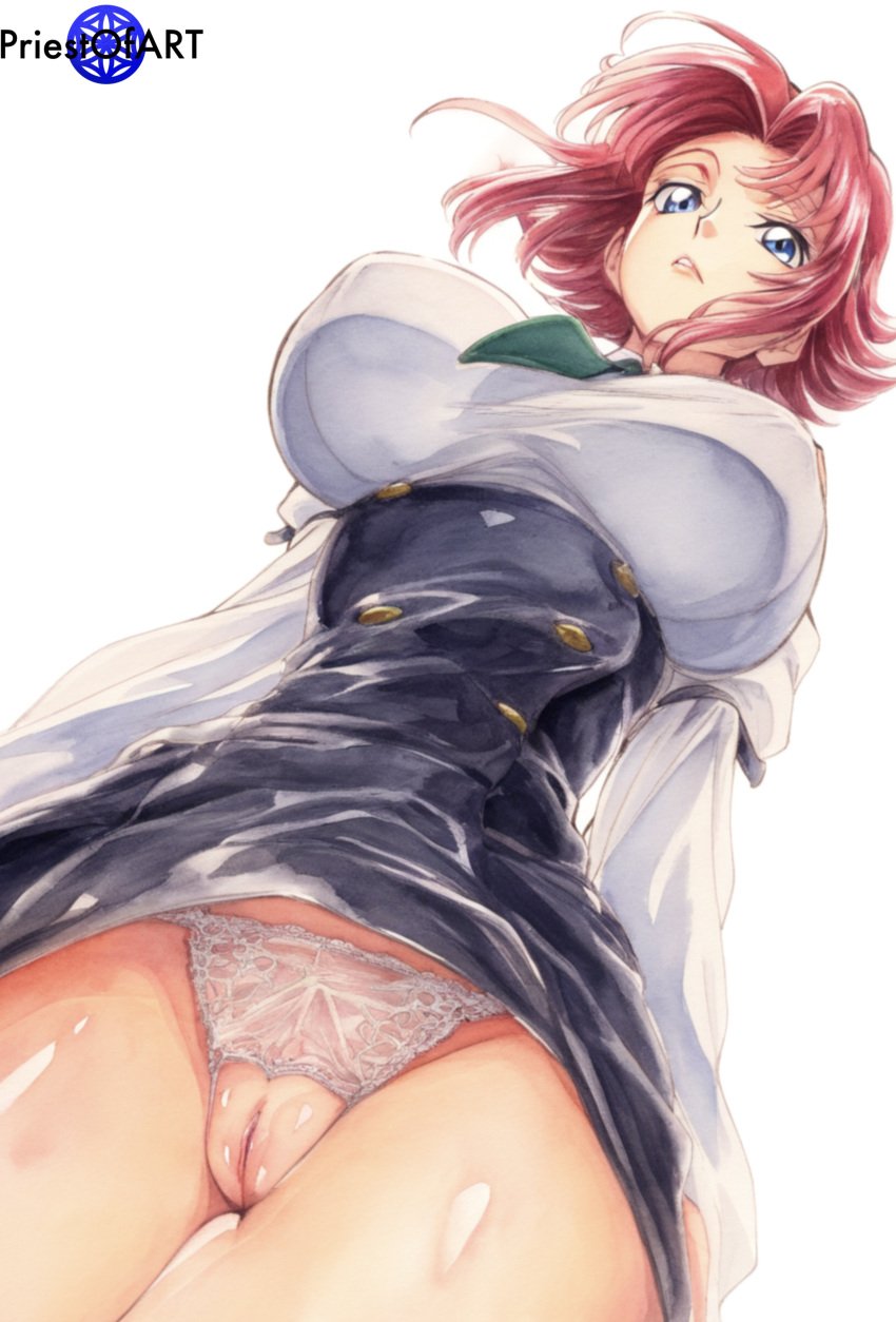 1girls ai_generated big_breasts blue_eyes busty code_geass color female female_focus female_only from_below huge_breasts kallen_stadtfeld large_breasts panties priestofart pubic_hair pussy_peek red_hair short_hair simple_background solo solo_female solo_focus tagme tagme_(artist) tagme_(character) thin_waist white_background wide_hips