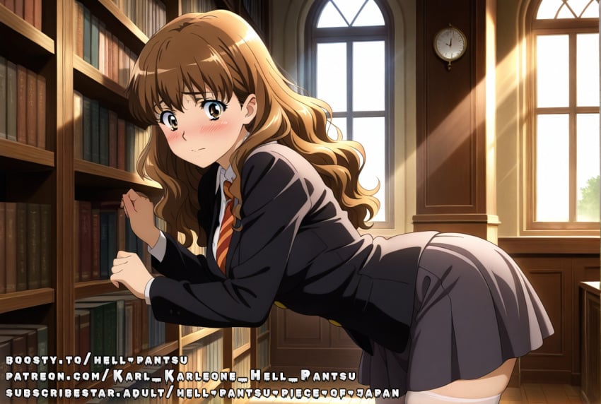 ai_generated brown_eyes brown_hair hermione_granger jacket medium_breasts shy skirt tie uniform wavy_hair