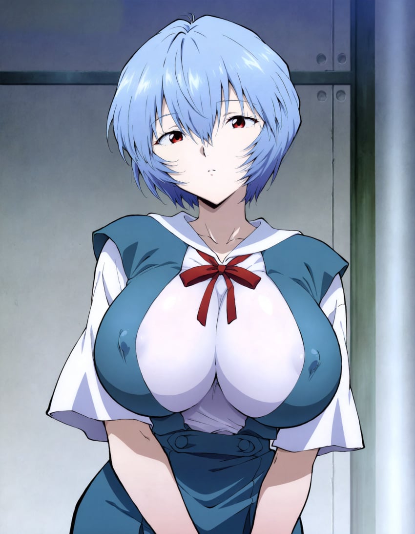 1girls ai_generated blue_hair breasts covered_nipples goonedoutp3rv huge_breasts looking_at_viewer neon_genesis_evangelion red_eyes rei_ayanami school_uniform short_hair solo upper_body