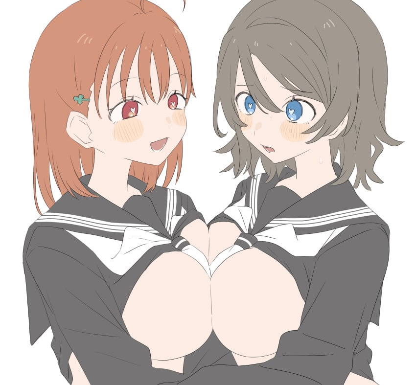 blue_eyes blush breast_press breasts breasts_out brown_hair large_breasts love_live! love_live!_sunshine!! multiple_girls necktie orange_hair red_eyes serafuku short_hair smile takami_chika watanabe_you