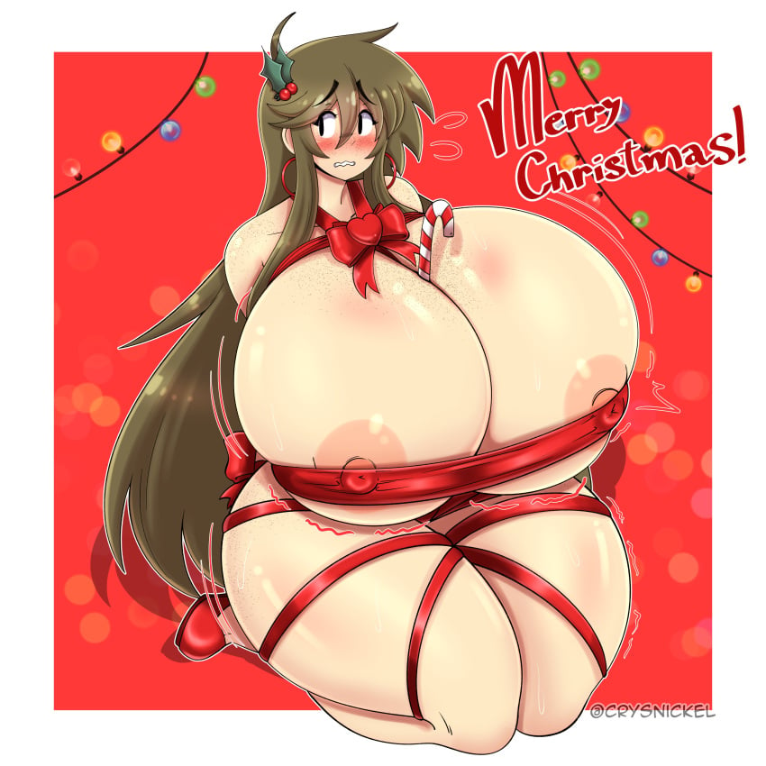 bondage brown_hair candy_cane christmas cloe_(crysnickel) crysnickel huge_ass huge_breasts hyper_breasts original_character