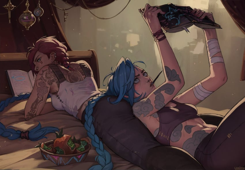 2d 2d_(artwork) 2girls arcane arcane_jinx arcane_vi ass ass_pillow bed blue_eyes blue_hair bonding chilling clothed female female_only incest jinx_(league_of_legends) league_of_legends long_hair lssdog lying_on_ass lying_on_back lying_on_bed lying_on_stomach no_sex non_sexual piercing pink_hair reading short_hair siblings sisters tatoo tattoos very_long_hair vi wholesome yuri