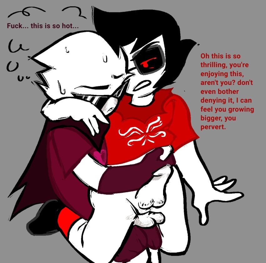 biting_lip black_hair black_hair_male blonde_hair blonde_hair_male bottomless crockertier degradation dialogue dirk_strider gay glasses headgear headwear homestuck hypnosis jake_english male mind_control partially_clothed partially_clothed_male shades shirt_only short_hair short_hair_male spiky_hair sunglasses text