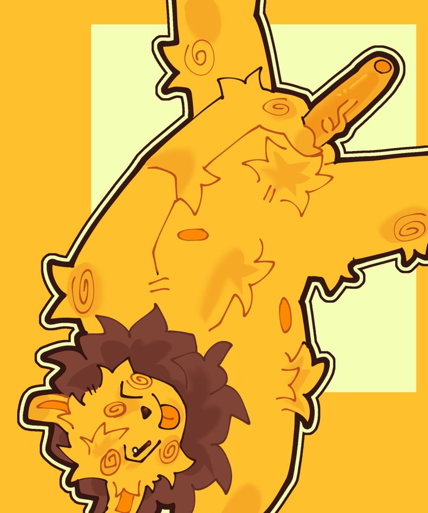 anthro armpit_hair body_hair felid fluffy foreskin fur genitals hi_res lion looking_at_viewer lying male male/male mammal on_back orix_(artist) pantherine penis silly silly_face solo tongue tongue_out vein veiny_penis yellow_body yellow_fur