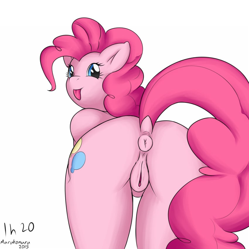 anatomically_correct anus blue_eyes clitoris cutie_mark equine female friendship_is_magic fur hair horse long_hair looking_at_viewer looking_back mammal marukomuru my_little_pony pink_fur pink_hair pinkie_pie_(mlp) plain_background pony presenting pussy raised_tail rear_view smile solo straight_hair tongue