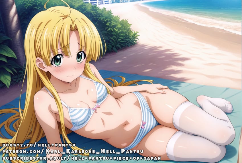 ahoge ai_generated asia_argento blonde_hair covered_nipples female green_eyes hell-pantsu high_school_dxd shy small_breasts striped_bra striped_panties white_stockings