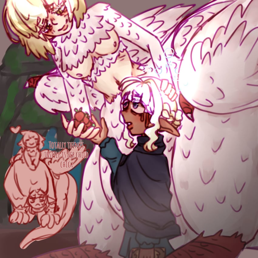 background blonde_female dark-skinned_male dark_skin delicious_in_dungeon doodle dungeon_meshi falin_touden falin_touden_(chimera) gold_eyes light-skinned_female light_skin mikayuulover naked_female nipples purple_eyes thistle_(dungeon_meshi) white_hair wholesome