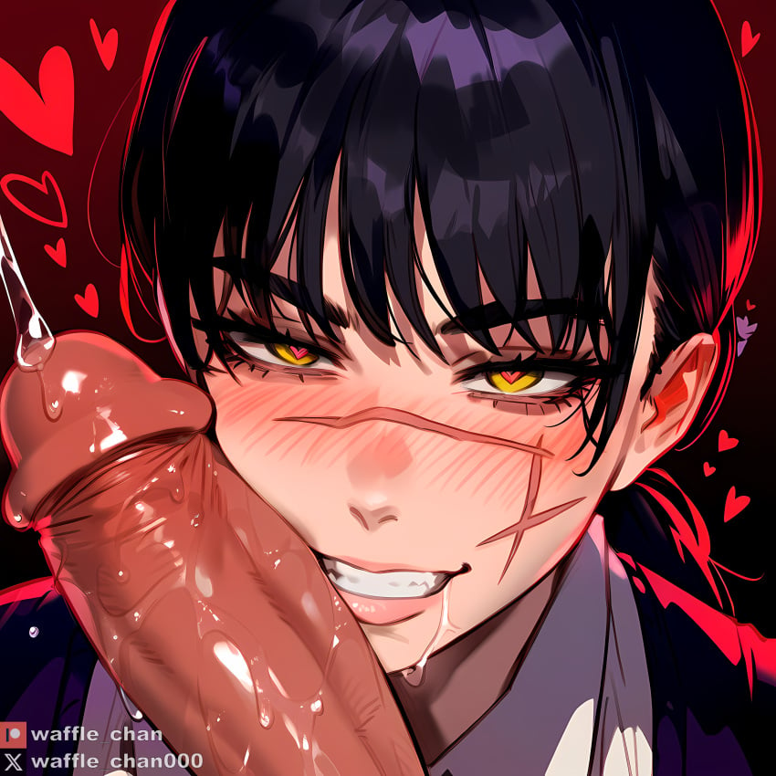 ai_generated chainsaw_man close-up cock heart heart-shaped_pupils heart_symbol huge_cock huge_cock mitaka_asa penis_awe penis_grab penis_out sniffing_penis waffle_chan