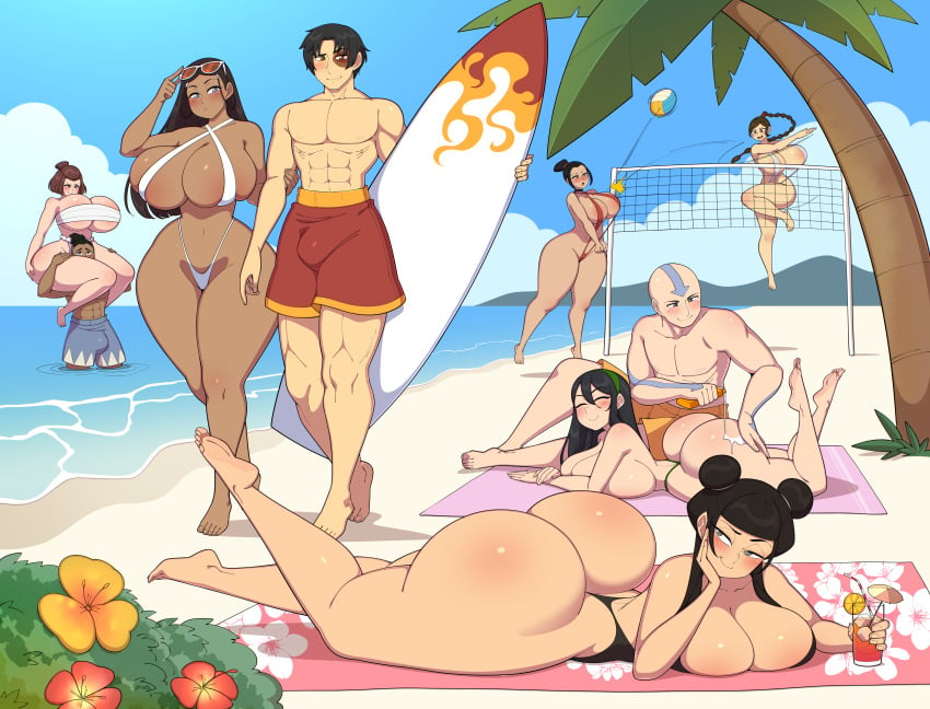 aang abs applying_sunscreen avatar_the_last_airbender azula beach big_ass big_breasts bikini bimbo black_hair brown_hair bubble_butt curvy_female dark_skin deztyle fat_ass female fundoshi hi_res huge_ass huge_breasts katara large_ass laying_down laying_on_stomach looking_back mai_(avatar) male_swimwear muscular_female muscular_male nickelodeon shorts sling_bikini smile smirk sokka suki sunscreen swimming_trunks swimsuit thick_thighs thong thong_bikini toph_bei_fong ty_lee voluptuous wide_hips zuko