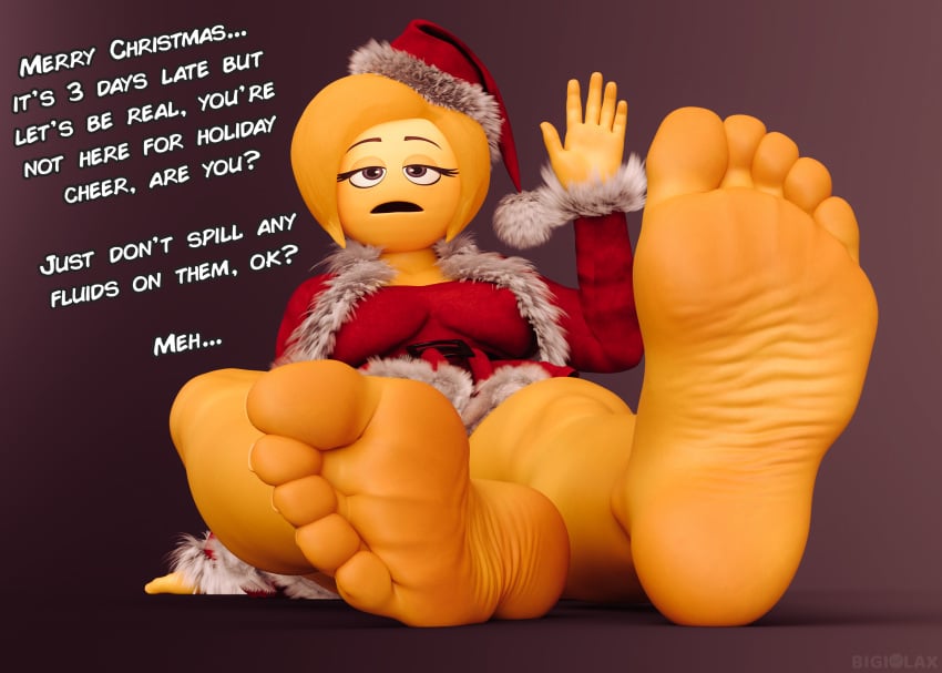 3d barefoot bigiolax blonde_hair bob_cut christmas christmas_outfit emoji_(race) feet foot_fetish foot_focus holidays mary_meh mature_female meaty_soles milf santa_hat soles solo_female sony_pictures_animation the_emoji_movie toes wrinkled_feet yellow_skin