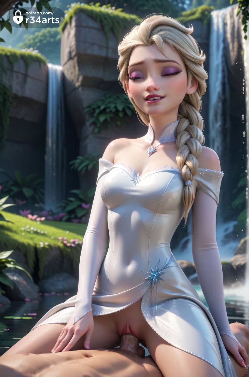 1boy 1boy1girl 1girls abs ai_generated artist_name bare_shoulders blonde_hair braid breasts bridal_gauntlets closed_eyes clothed_female_nude_male cowgirl_position cowgirl_position detached_collar disney disney_princess dress elsa_(frozen) eyeshadow frozen frozen_(film) frozen_2 hair_over_shoulder hi_res long_hair makeup medium_breasts nude outdoors penis pussy r34arts sex single_braid smile solo_focus straddling straight uncensored vaginal_penetration vaginal_penetration vaginal_sex water waterfall white_dress