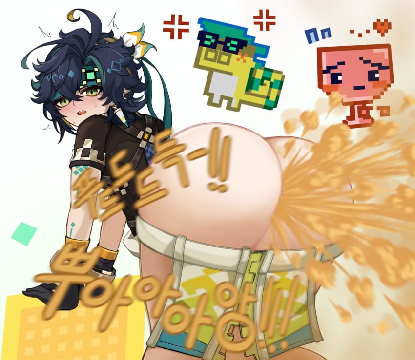 1boy big_ass black_hair blush fart fart_cloud fart_fetish farting genshin_impact hairpin kinich_(genshin_impact) looking_at_viewer looking_back male male_fart multicolored_hair open_clothes pixel shy sweat xbrawlx