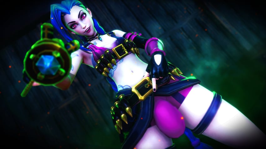 3d blue_hair bulge bulge_through_clothing dickgirl futa_only futanari jinx_(league_of_legends) league_of_legends mondaposter riot_games solo solo_futa