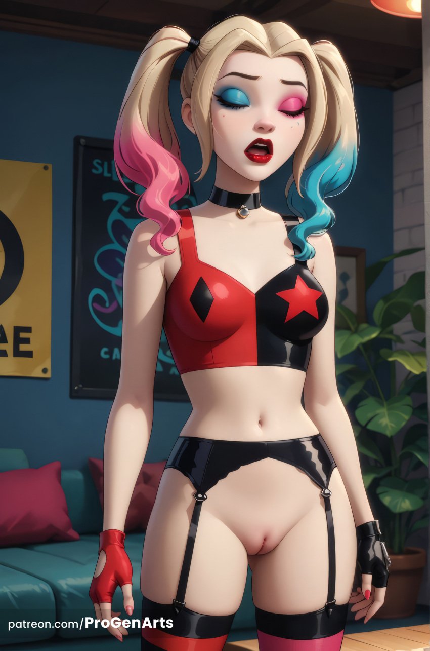 , 1girls ai_generated artist_name bare_shoulders black_choker black_gloves blonde_hair blue_eyes blue_eyeshadow blue_hair bottomless breasts choker collarbone cowboy_shot crop_top dc dc_comics eyeshadow fingerless_gloves garter_belt gloves gradient_hair harley_quinn harley_quinn_(series) hi_res indoors lips lipstick makeup medium_breasts multicolored_clothes multicolored_hair nail_polish navel open_mouth patreon_username pink_hair progenarts pussy red_lips red_nails solo standing thighhighs twintails uncensored web_address