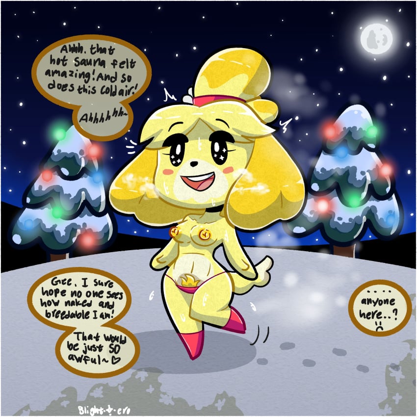 1girls alone animal_crossing anthro attention_seeker blightstar blush christmas christmas_tree cold dialogue dog_ears dog_girl dog_tail english_text exhibitionism female female_only furry hairband isabelle_(animal_crossing) moonlight naked open_mouth outside panties ponytail post_sauna shoes shortstack snow solo solo_focus sparkling_eyes speech_bubble steaming_body steamy streaking tagme talking topless yellow_fur