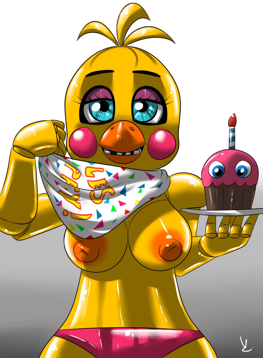 2015 animatronic anthro avian beak bib big_breasts bird breasts chicken clothing cupcake_(fnaf) eyeshadow eyewear female five_nights_at_freddy&#039;s five_nights_at_freddy&#039;s_2 galliform gallus_(genus) hi_res looking_at_viewer machine makeup nipples non-mammal_breasts non-mammal_nipples panties phasianid puffy_nipples robot scottgames solo toy_chica_(fnaf) underwear virate-chip