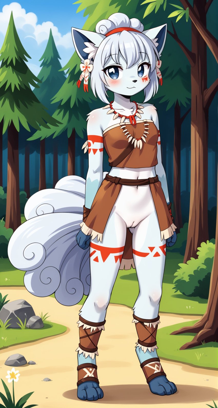 1girls 2024 ai_generated alolan_vulpix anklet anthro blue_eyes blue_fur bracelet digitigrade female female_only generation_7_pokemon hi_res inner_ear_fluff innie_pussy looking_at_viewer multiple_tails necklace nintendo outdoors pokemon pokemon_(species) pussy regional_form_(pokemon) smile tribal