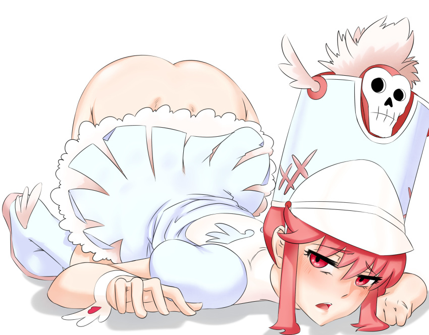 artist_request ass blush boots dress female hat jakuzure_nonon kill_la_kill looking_at_viewer no_panties open_mouth pink_eyes pink_hair shako_cap solo top-down_bottom-up uniform winged_hat winged_shoes