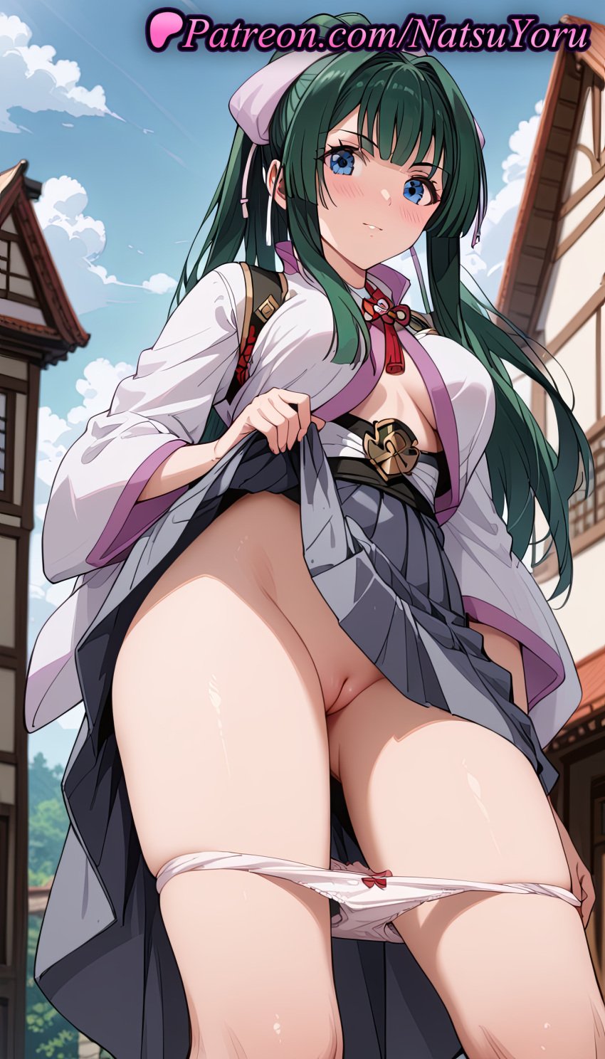 1girls ai_generated anime anime_style architecture ass_visible_through_thighs bangs blue_eyes blue_sky blunt_bangs blush bow bow_panties breasts building bust busty cleft_of_venus closed_mouth clothes_lift clothing cloud day east_asian_architecture exhibitionism feet_out_of_frame female female_focus female_only flashing from_below green_hair grey_skirt hair_ribbon hakama hakama_skirt hentai japanese_clothes kimono large_breasts lifted_by_self long_hair long_sleeves looking_at_viewer medium_breasts natsuyoru no_bra open_clothes outdoors paipan panties pantsu panty_pull pleated_skirt ponytail public_indecency public_nudity pussy ribbon shaved_vagina shirt sidelocks skirt skirt_lift sky solo solo_female standing tate_no_yuusha_no_nariagari the_rising_of_the_shield_hero thighs uncensored underwear vagina voluptuous voluptuous_female white_kimono white_panties wide_sleeves yomogi_emarl