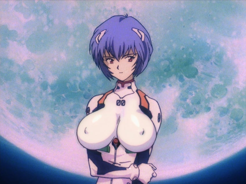 1girls ai_generated anime_screencap blue_hair bodysuit breasts covered_nipples edit goonedoutp3rv hair_ornament holding_arm holding_own_arm huge_breasts looking_at_viewer moon neon_genesis_evangelion plugsuit red_eyes rei_ayanami screencap screenshot screenshot_edit short_hair solo