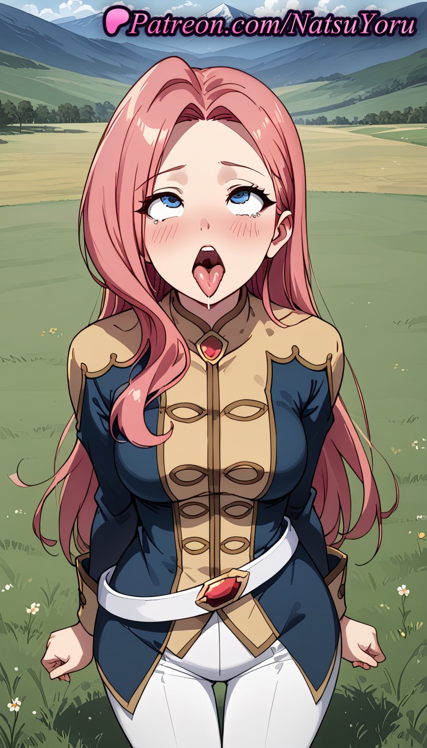 1girls ahe_gao ai_generated anime anime_style bangs belt blue_eyes blue_jacket blush breasts bust busty clenched_hands clothing day eclair_saetto female female_focus female_only field grass hentai jacket large_breasts long_hair long_sleeves looking_up medium_breasts natsuyoru non-asian open_mouth oral_invitation outdoors pants pink_hair red_hair rolling_eyes saliva shirt sky solo solo_female tate_no_yuusha_no_nariagari teeth the_rising_of_the_shield_hero thigh_gap tongue tongue_out uniform upper_teeth_only voluptuous voluptuous_female white_belt white_pants