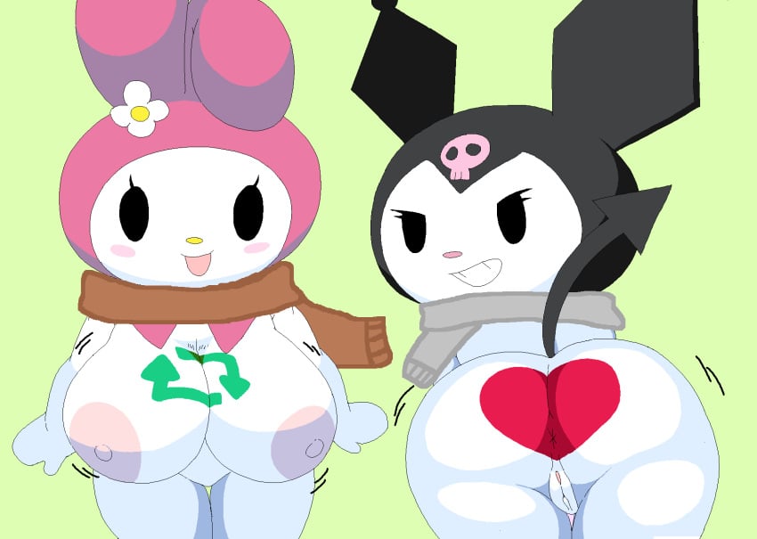 ass big_breasts breasts brown_scarf cassettedream dream-cassette gray_scarf hoshime kuromi my_melody pussy sanrio scarf