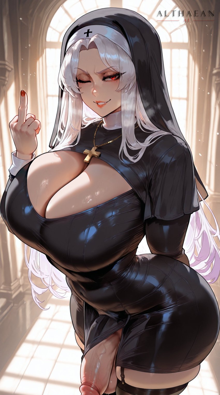 1futa absurd_res ai_generated althaean cleavage cleavage_cutout cleavage_overflow clenched_teeth cross_necklace eyes_visible_through_hair futanari garter_straps huge_ass huge_breasts large_penis large_testicles latex looking_at_viewer middle_finger mischievous_smile mole mole_under_eye nun nun_outfit original_character parted_bangs red_eyes red_lipstick red_nails tagme thick_thighs thigh_squish thighhighs tight_clothing toothy_grin white_hair wide_hips wink winking_at_viewer