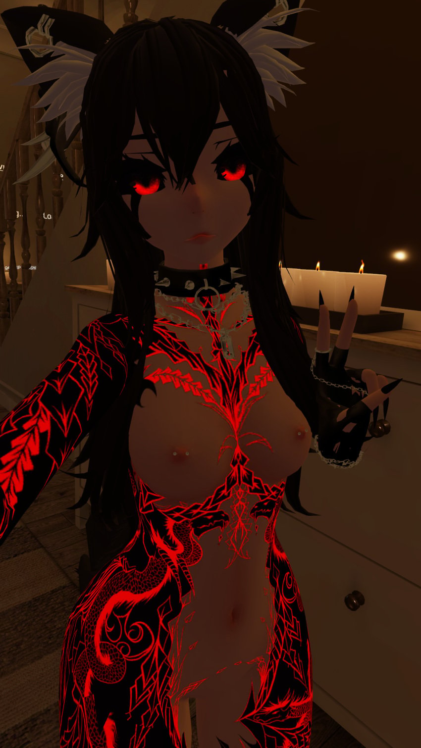 black_hair candle cat_ears catgirl collar expressionless female_only gloves lewd_vrchater long_hair naked nipple_piercing peace_sign red_eyes self_upload small_breasts spiked_collar tagme tattoo vrchat