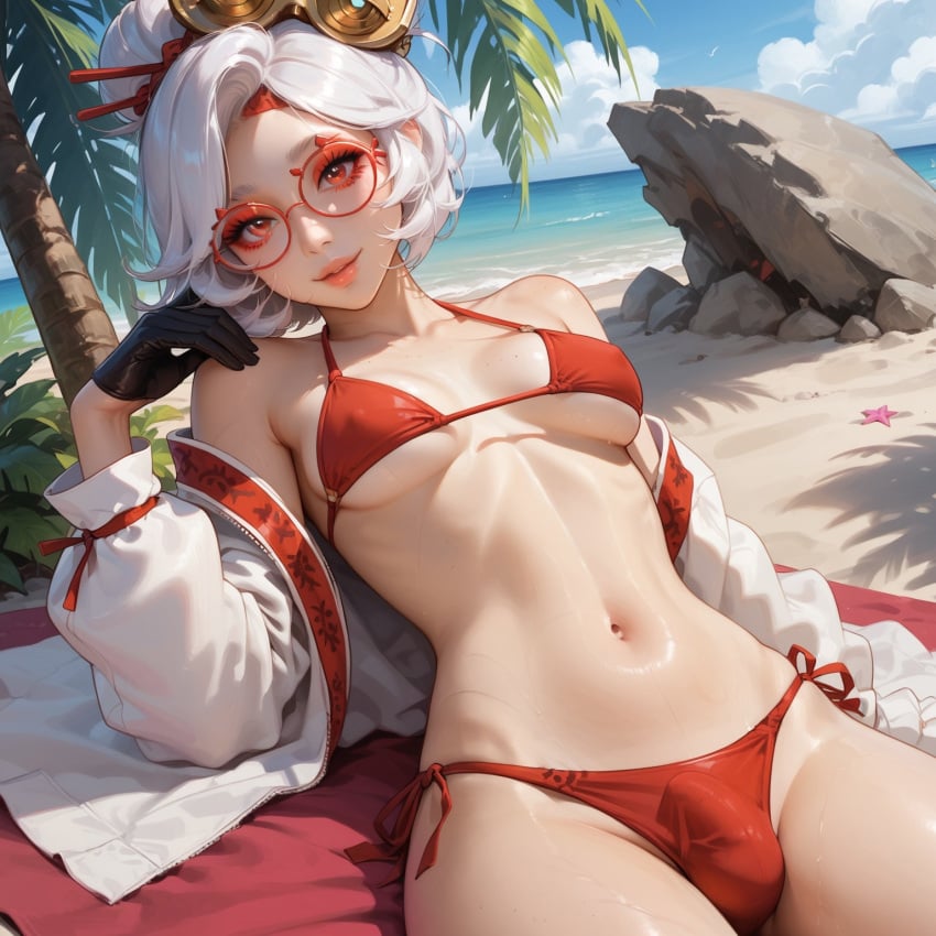 ai_generated beach beach_background beach_towel blindparty civitai futanari glasses purah red_eyes solo tagme white_hair