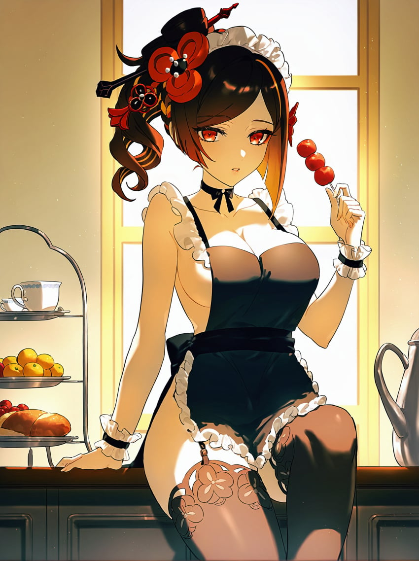 absurd_res ai_generated alternate_costume apron arm_support asymmetrical_sidelocks backlighting bare_shoulders black_apron black_choker black_hair black_thighhighs breasts brown_hair chiori_(genshin_impact) choker cleavage collarbone cup eyeliner female food frilled_apron frills garter_straps genshin_impact gradient_hair hair_ornament hair_stick hand_up holding holding_food indoors kanzashi large_breasts long_hair looking_at_viewer maid maid_apron maid_headdress makeup ministro multicolored_hair naked_apron orange_hair parted_lips plate red_eyes red_eyeshadow side_ponytail sideboob sidelocks sitting solo table teacup teapot thighhighs thighs tiered_tray window wrist_cuffs