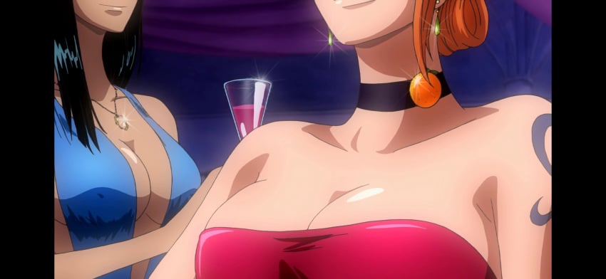 anime_screencap artist_request big_breasts black_hair black_hair_female blue_dress blue_tattoo breasts dress earrings elegant_dress female female_only fit_female gold_jewelry gold_necklace jewelry large_breasts long_hair long_hair_female nami nami_(classic) nami_(one_piece) neck_bell necklace nico_robin one_piece orange orange_hair orange_hair_female ornament red_dress screencap smile tattoo tattoo_on_arm tattooed_arm wine_glass