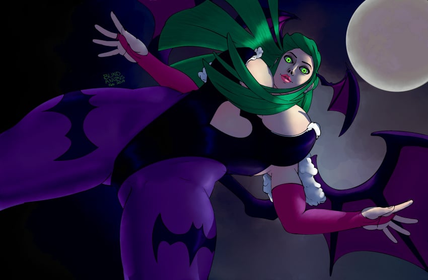 1girls 2019 absurd_res armwear bat_print big_breasts blindanubis capcom darkstalkers female female_only green_eyes green_hair head_wings heart_cutout leotard long_hair looking_at_viewer morrigan_aensland pantyhose pink_lipstick purple_pantyhose solo succubus succubus_wings thick_thighs view_from_below wings