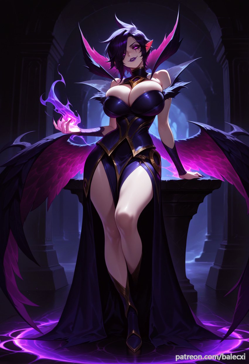 ai_generated balecxi bare_shoulders boots breasts cleavage double_slit_dress dress female hair_over_one_eye high_slit_dress league_of_legends looking_at_viewer magic morgana pointy_ears purple_hair short_hair side_slit slit_dress solo wings