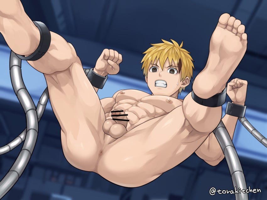 1boy abs anus_peek ass balls big_areola big_ass big_balls big_breasts big_eyes black_eyes blonde_hair blurry_background breasts brown_hair bubble_butt captured censor_bar censored censored_penis clenched_teeth completely_nude dat_ass ebitendon flaccid foreskin forked_eyebrows frenulum frown gay handcuffs hero hero_in_trouble hi_res leg_cuffs light_skin looking_at_viewer male male_breasts mature_male mechanical_arm multicolored_hair muscles muscular muscular_ass muscular_legs muscular_male muscular_thighs oppai original original_character pecs penis plump_ass quadriceps restrained restrained_legs restrained_wrists short_hair six_pack spread_legs struggling suspended suspended_in_midair thick_ass torakichi_(ebitendon) torakitchen tough_guy two_tone_hair uncircumcised yaoi young