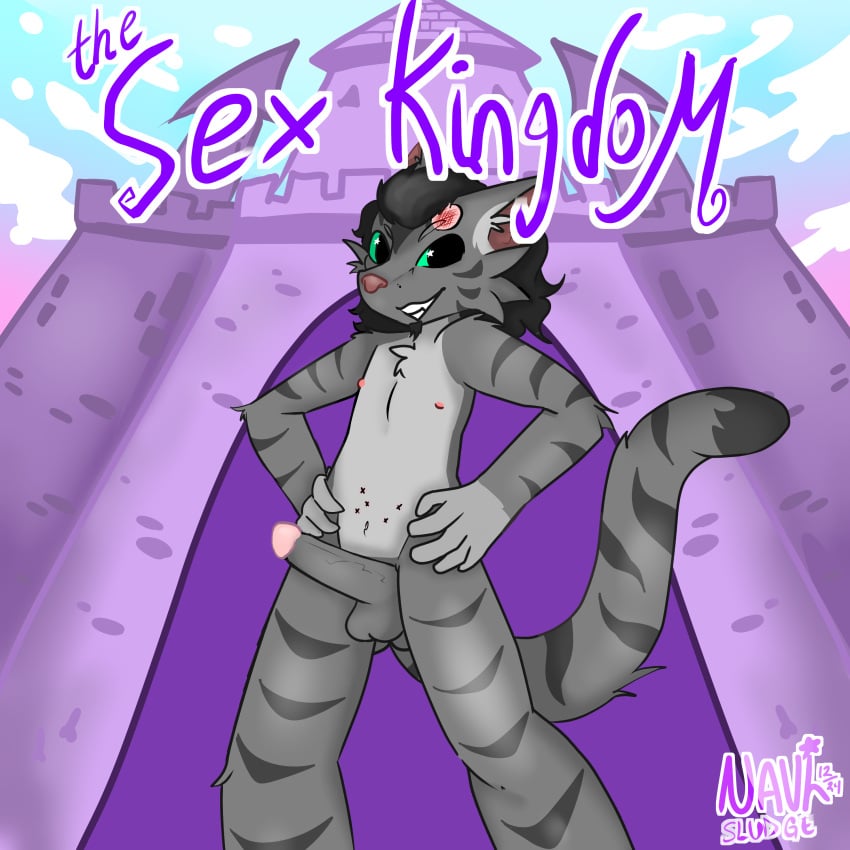 absurd_res anthro big_penis castle confidence domestic_cat erection felid feline felis genitals halley_labs hand_on_hip hi_res lapfox_trax male mammal navisludge nipples parody penis sex_kingdom smile solo t-dawg violet_kingdom