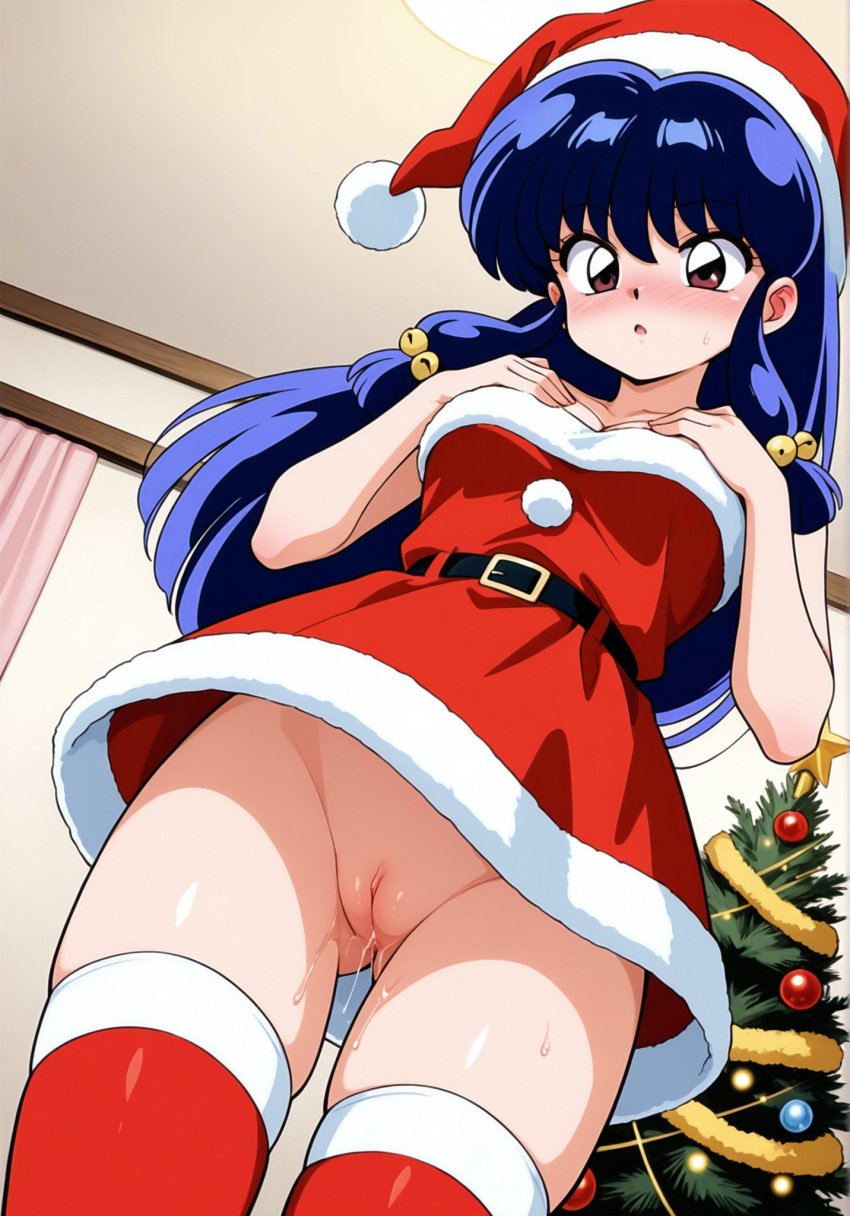 ai_generated breasts clothing dress from_below long_hair nipples pussy ranma_1/2 red_eyes retro_ai_ecchi_dude santa_hat shampoo_(ranma_1/2) small_breasts stockings tagme uncensored violet_hair wet_pussy