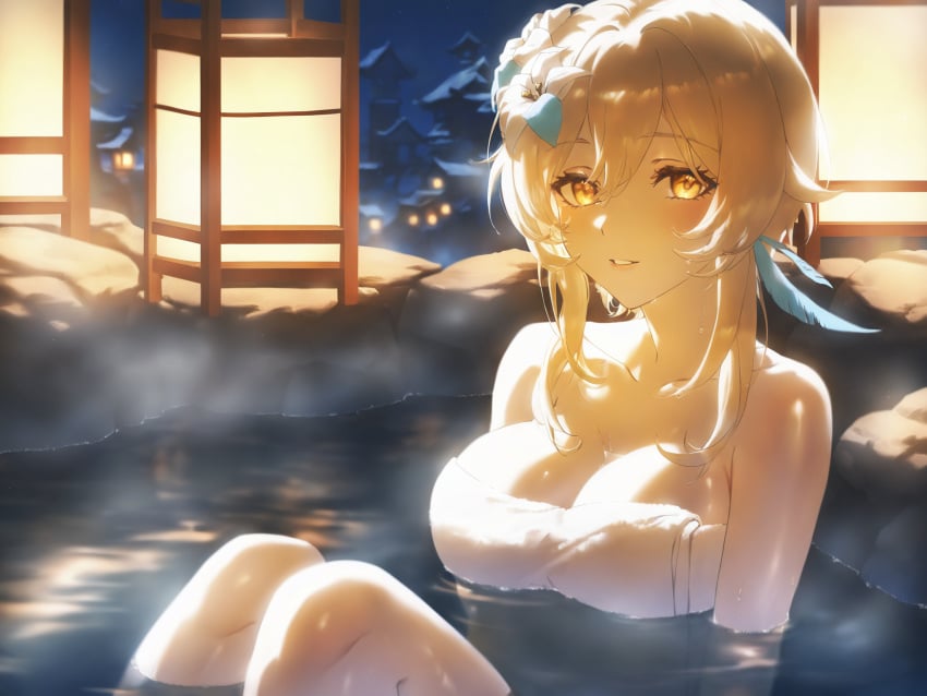 absurd_res ai_generated bare_shoulders bathing blonde_hair blush breasts cleavage collarbone feather_hair_ornament feathers female flower genshin_impact hair_between_eyes hair_flower hair_ornament knees_up lantern large_breasts looking_at_viewer lumine_(genshin_impact) ministro naked_towel night onsen parted_lips partially_submerged short_hair_with_long_locks sidelocks sitting smile solo steam towel tree water wet wet_hair white_flower white_towel yellow_eyes