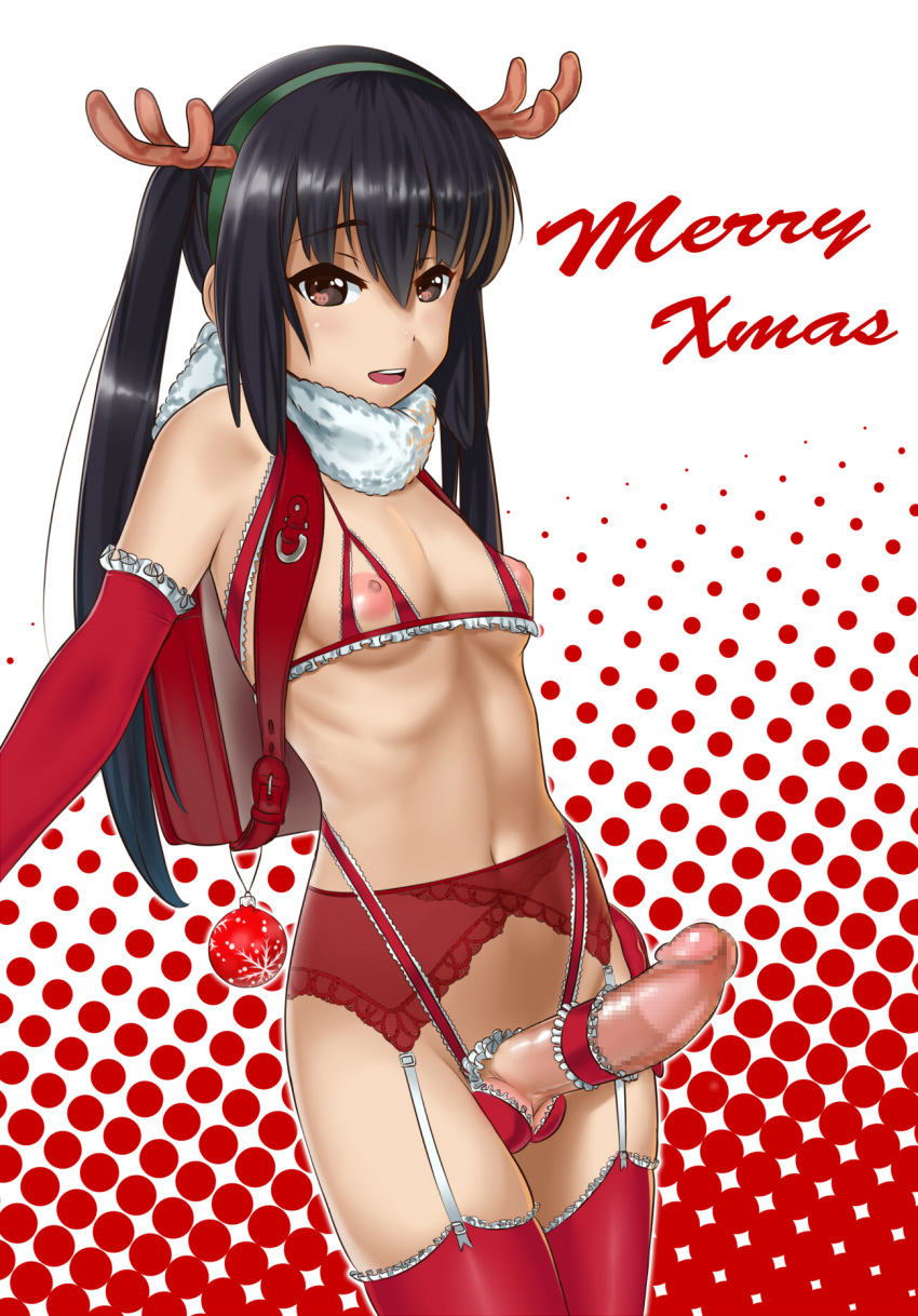 1futa azusa_nakano_(k-on!) black_hair burakku-ra censored circumcised circumcised_futa color full-package_futanari futa_only futanari hair human human_only intersex k-on! nipples penis ribs small_breasts solo