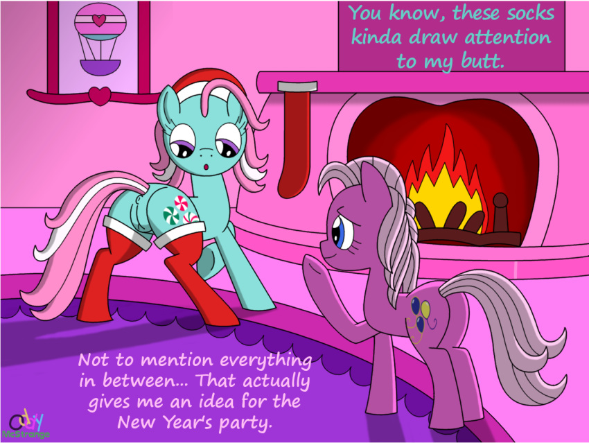 2girls a_very_pony_place anus ass dialogue earth_pony english_text equine female female_only fire fireplace mammal minty_(g3) minty_(mlp) mlp_g3 my_little_pony my_little_pony_(2003) oddy_mcstrange pinkie_pie pinkie_pie_(g3) pony pussy socks tail text thighhigh_socks thighhighs