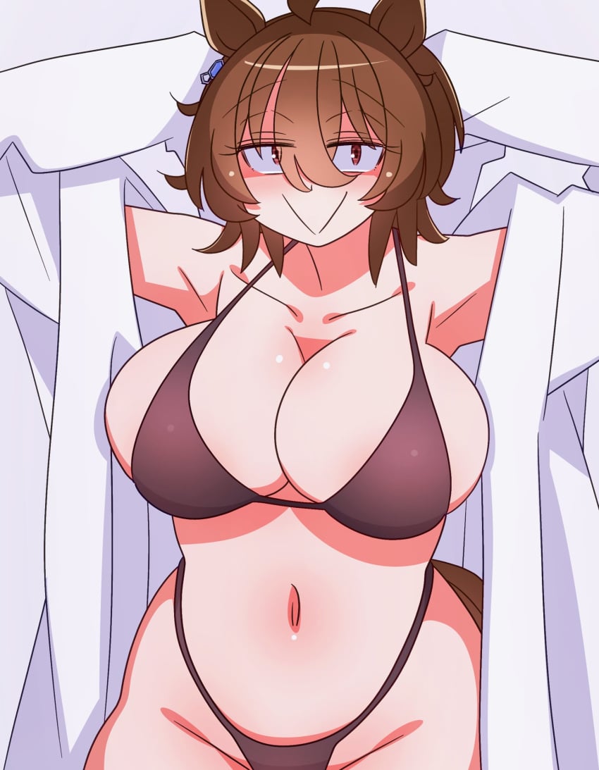 1girls 2026 2d 2d_(artwork) :> agnes_tachyon_(umamusume) animal_ears animal_tail arms_up big_breasts bikini black_bikini blush boobs breasts brown_hair colored cygames digital_media_(artwork) female female_only front_view hair hi_res horse_ears horse_girl huge_breasts kaijin_debeso large_breasts light-skinned_female light_skin looking_at_viewer red_eyes semi_nude simple_background smile solo stomach tail tits umamusume umamusume_pretty_derby video_game_character video_games white_background