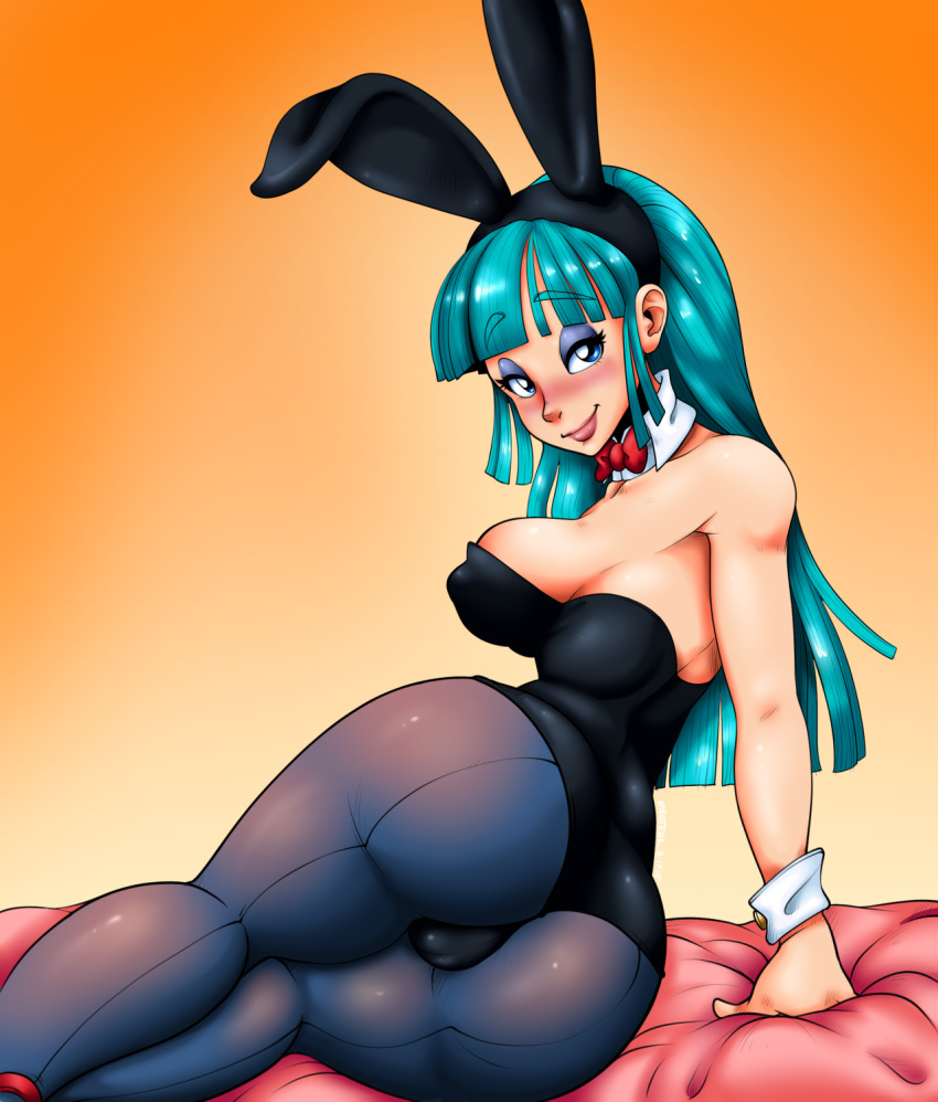 1girls animal_ears aqua_hair arm_support ass bangs bare_shoulders blue_eyes blush bowtie breasts bulma_(bunny) bulma_briefs bunny_costume bunny_ears bunny_girl bunnysuit busty cameltoe dat_ass detached_collar dragon_ball eyeliner eyeshadow female female_only leotard lipstick long_hair makeup mrsteak pantyhose seductive smile solo teal_hair teenager voluptuous wrist_cuffs