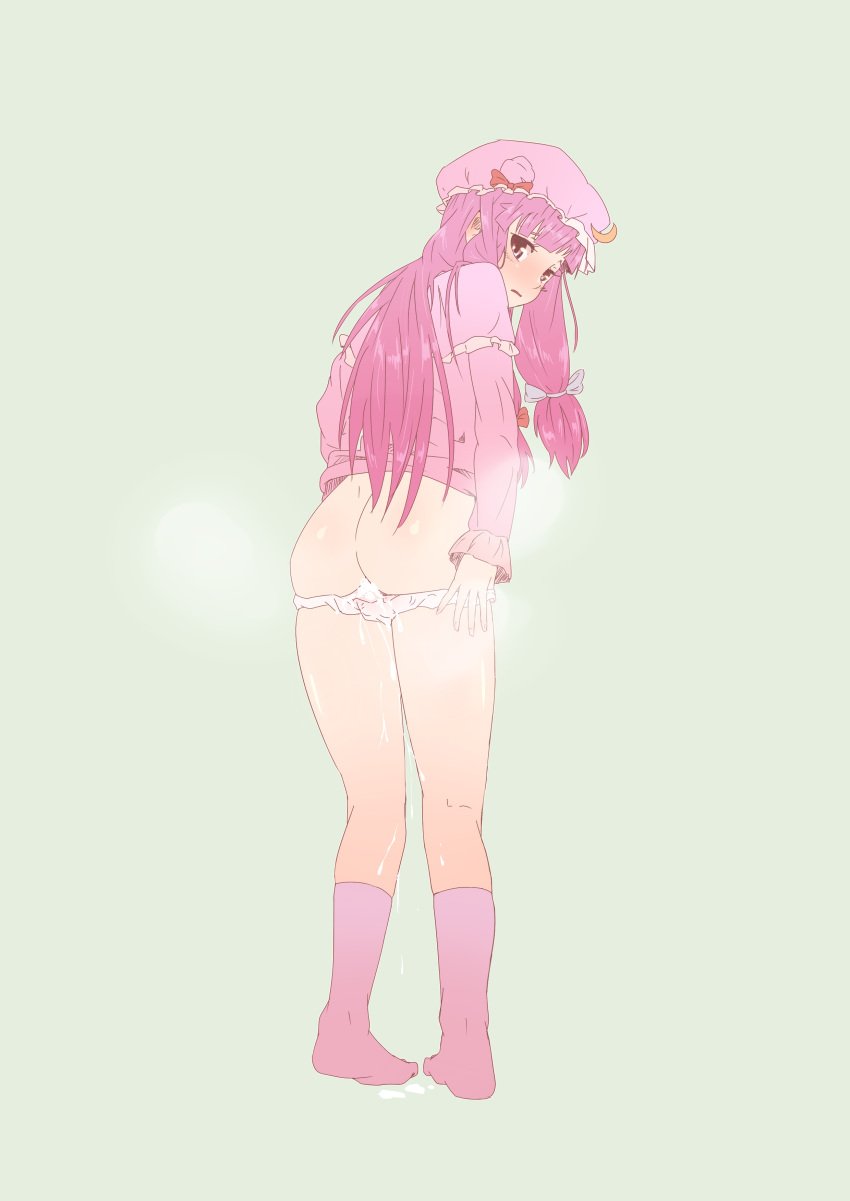 absurdres after_sex ass butt_crack cum cum_in_panties cum_in_pussy cumdrip female from_behind hat highres knee_socks kneehighs kneesocks long_hair looking_back no_pants onsen_mikan panties panty_pull patchouli_knowledge pink_socks purple_eyes purple_hair simple_background socks solo standing touhou underwear