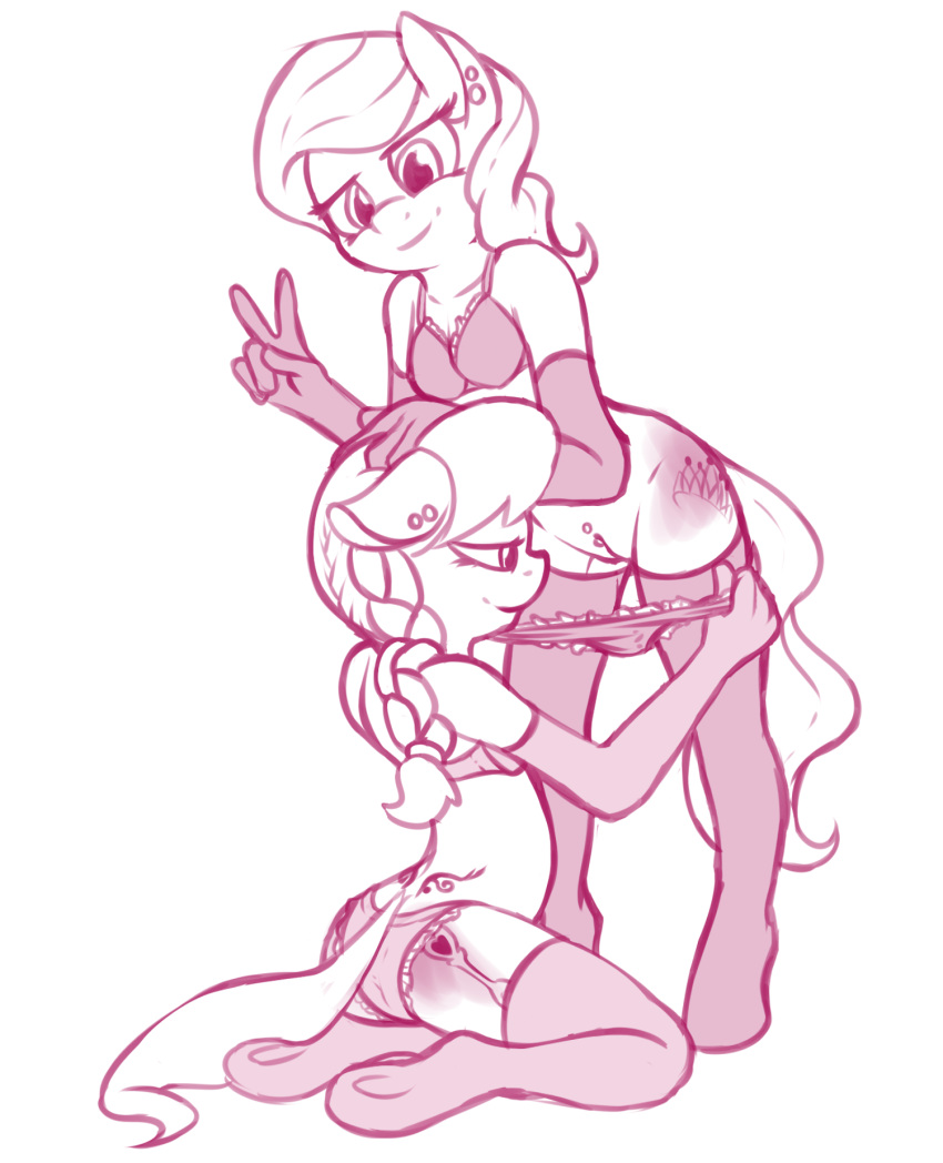 2girls anthro anthrofied arm_warmers bra clothing cutie_mark diamond_tiara diamond_tiara_(mlp) ear_piercing equine fearingfun female friendship_is_magic furry gesture half-closed_eyes horse legwear looking_at_viewer mammal monochrome my_little_pony panties panties_down piercing plain_background pony pussy silver_spoon silver_spoon_(mlp) smile thigh_highs underwear v vaginal_piercing white_background yuri