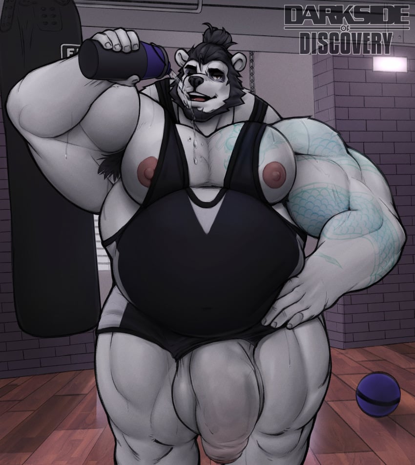 1boy 2022 absurd_res after_exercise anthro armpit_hair balls barazoku beard belly biceps big_balls big_muscles big_penis bodily_fluids body_hair bottle clothed clothing clothing_aside darksideofdiscovery drinking eyebrows facial_hair flaccid foreskin front_view fur genitals giant_panda gym hair hair_bun hi_res holding_bottle holding_object huge_balls huge_cock huge_muscles humanoid_genitalia humanoid_penis inside looking_at_viewer male male_only mammal musclegut muscular muscular_anthro muscular_male nails nipples one_eye_closed open_mouth pecs penis pouring pouring_onto_self punching_bag quads richard_(pandad) solo solo_male standing sweat tattoo teeth thick_penis thick_thighs tongue tuft ursid water water_bottle watermark wrestling_singlet